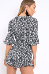 Black Floral Frill Front Cut Out Playsuit - Joanne-Playsuits