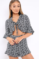 Black Floral Frill Front Cut Out Playsuit - Joanne-Playsuits