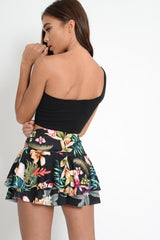 Black Floral Frill High Waisted Shorts - Claudelle-Shorts