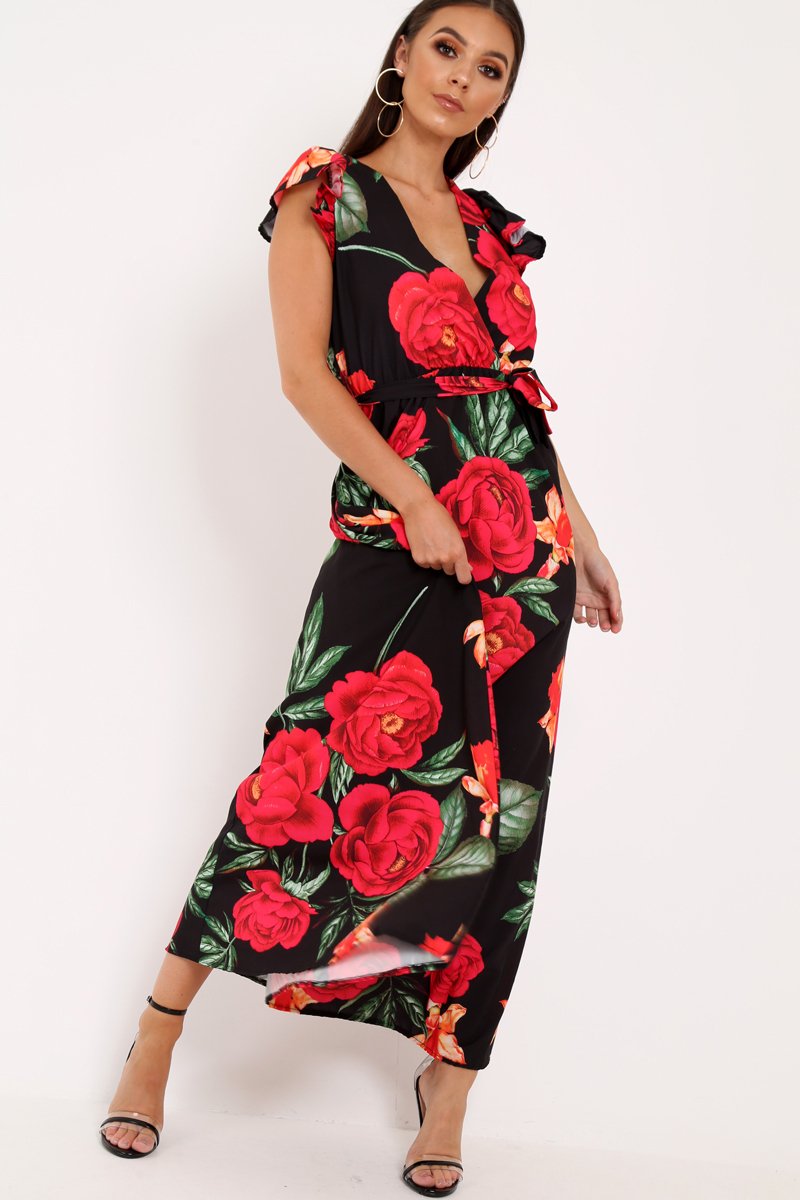 Black Floral Frill Sleeve Maxi Dress - Persia-Dresses