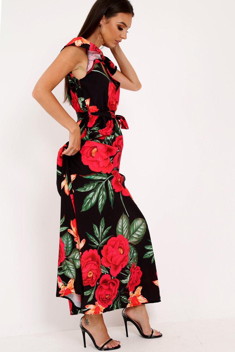 Black Floral Frill Sleeve Maxi Dress - Persia-Dresses