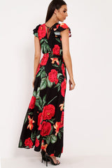 Black Floral Frill Sleeve Maxi Dress - Persia-Dresses