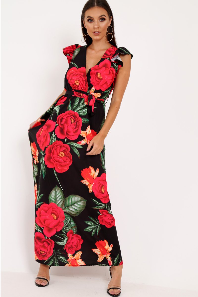 Black Floral Frill Sleeve Maxi Dress - Persia-Dresses