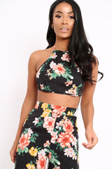 Black Floral Halterneck Crop Top - Christie-Crop Tops