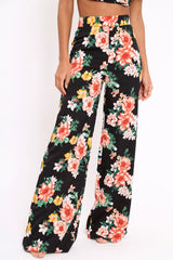 Black Floral High Waist Flare Trousers -Tisha-Trousers