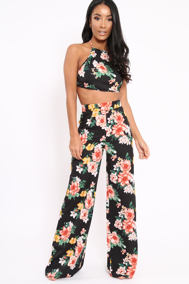Black Floral High Waist Flare Trousers -Tisha-Trousers
