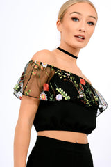 Black Floral Mesh Off Shoulder Crop Top - Paulette-Crop Tops