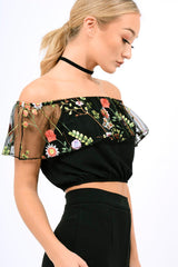 Black Floral Mesh Off Shoulder Crop Top - Paulette-Crop Tops