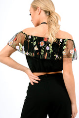 Black Floral Mesh Off Shoulder Crop Top - Paulette-Crop Tops