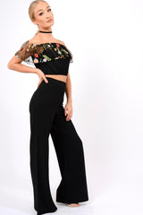 Black Floral Mesh Off Shoulder Crop Top - Paulette-Crop Tops