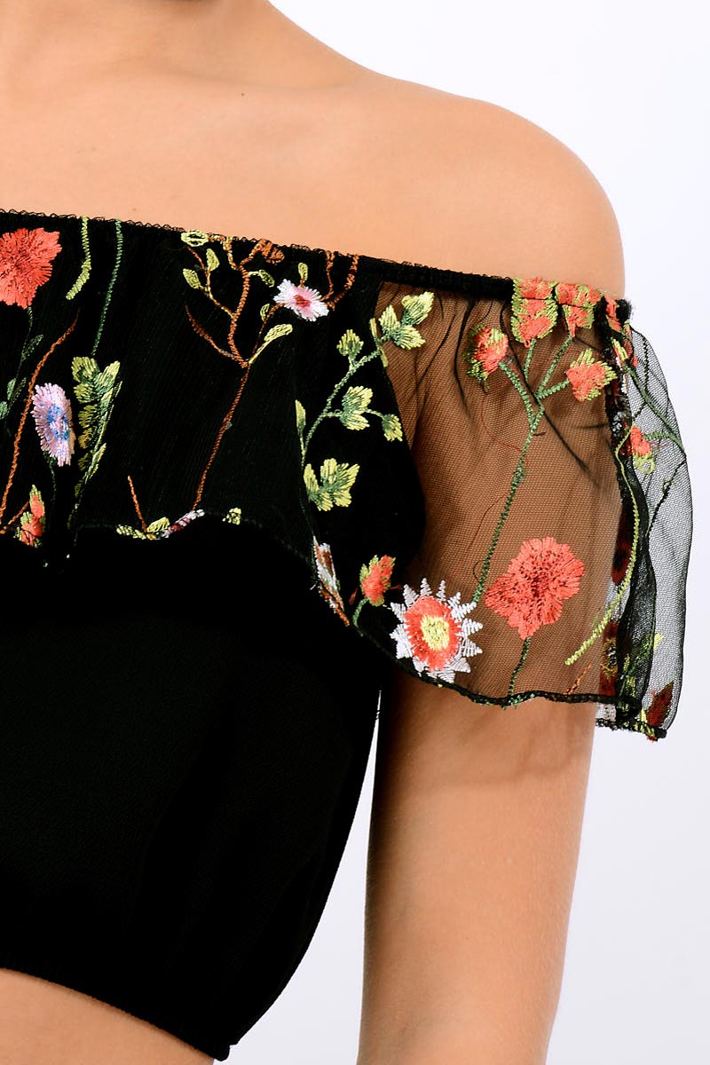 Black Floral Mesh Off Shoulder Crop Top - Paulette-Crop Tops