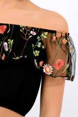 Black Floral Mesh Off Shoulder Crop Top - Paulette-Crop Tops