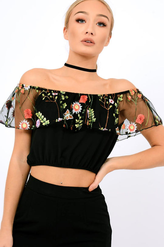 Black Floral Mesh Off Shoulder Crop Top - Paulette