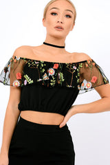 Black Floral Mesh Off Shoulder Crop Top - Paulette-Crop Tops