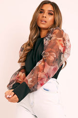 Black Floral Mesh Puff Sleeve Top - Farida-Tops