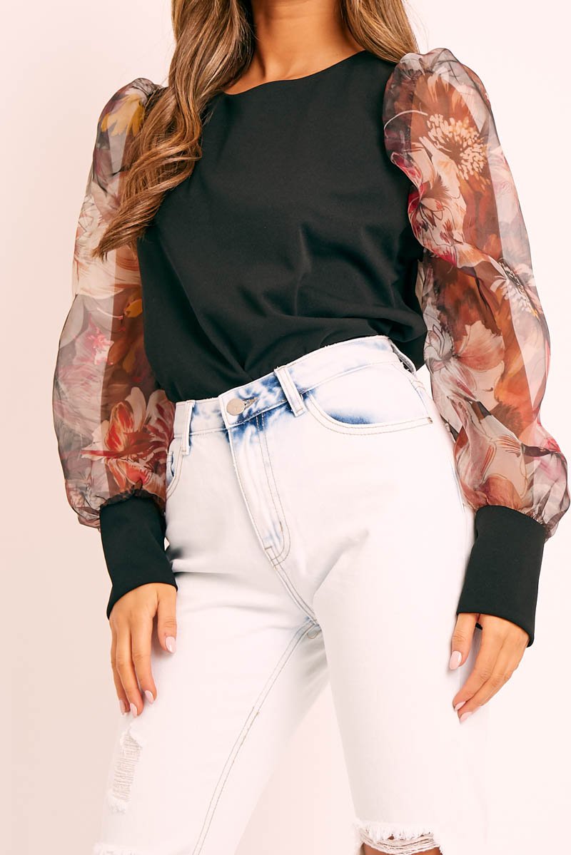 Black Floral Mesh Puff Sleeve Top - Farida-Tops