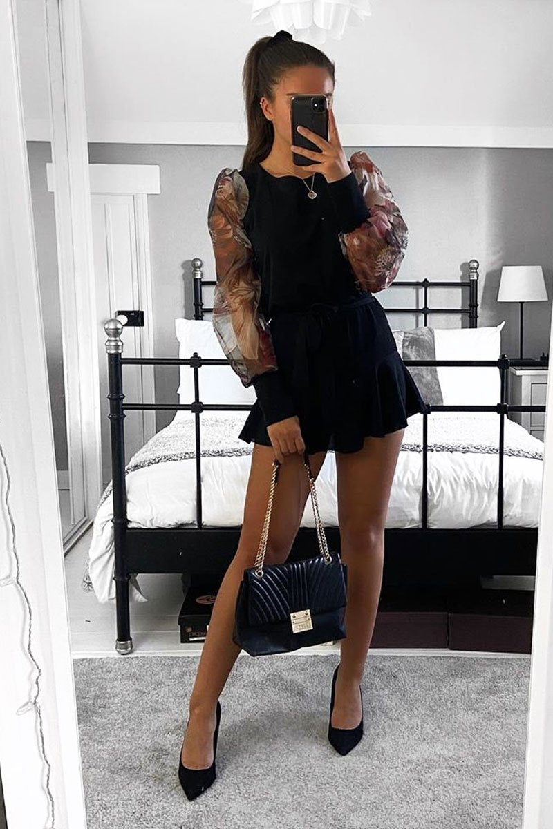 Black Floral Mesh Puff Sleeve Top - Farida-Tops
