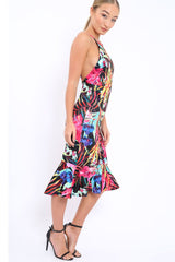 Black Floral Midi Dress with Frill Detail - Kyrstin-Dresses