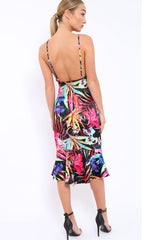 Black Floral Midi Dress with Frill Detail - Kyrstin-Dresses