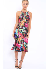 Black Floral Midi Dress with Frill Detail - Kyrstin-Dresses