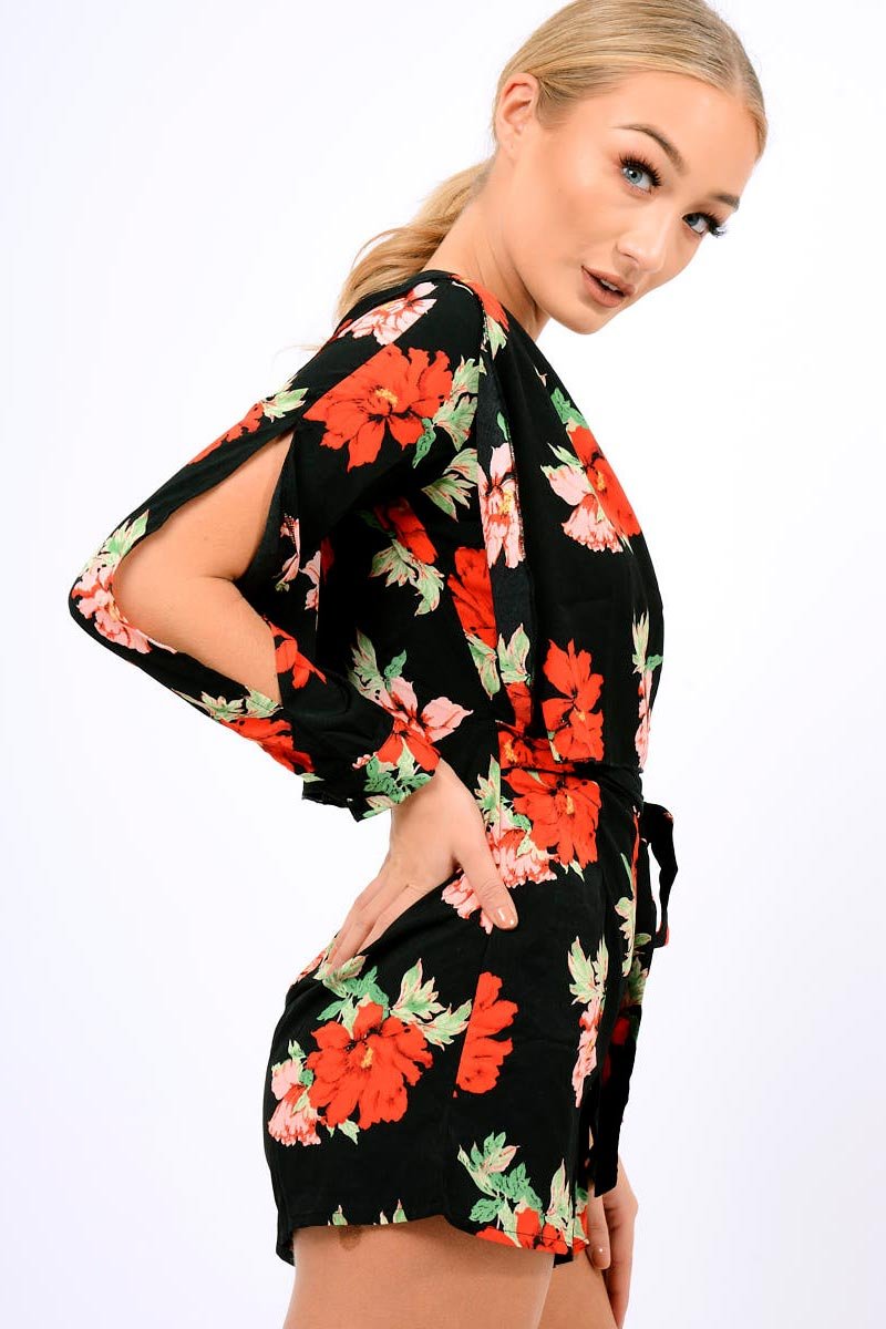 Black Floral Panel Wrap Playsuit - Ladonna-Playsuits