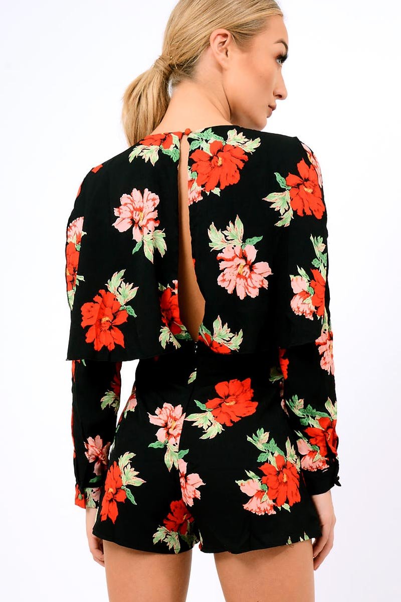 Black Floral Panel Wrap Playsuit - Ladonna-Playsuits