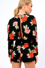 Black Floral Panel Wrap Playsuit - Ladonna-Playsuits