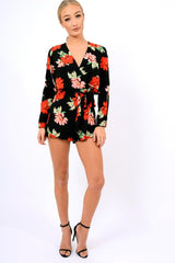 Black Floral Panel Wrap Playsuit - Ladonna-Playsuits