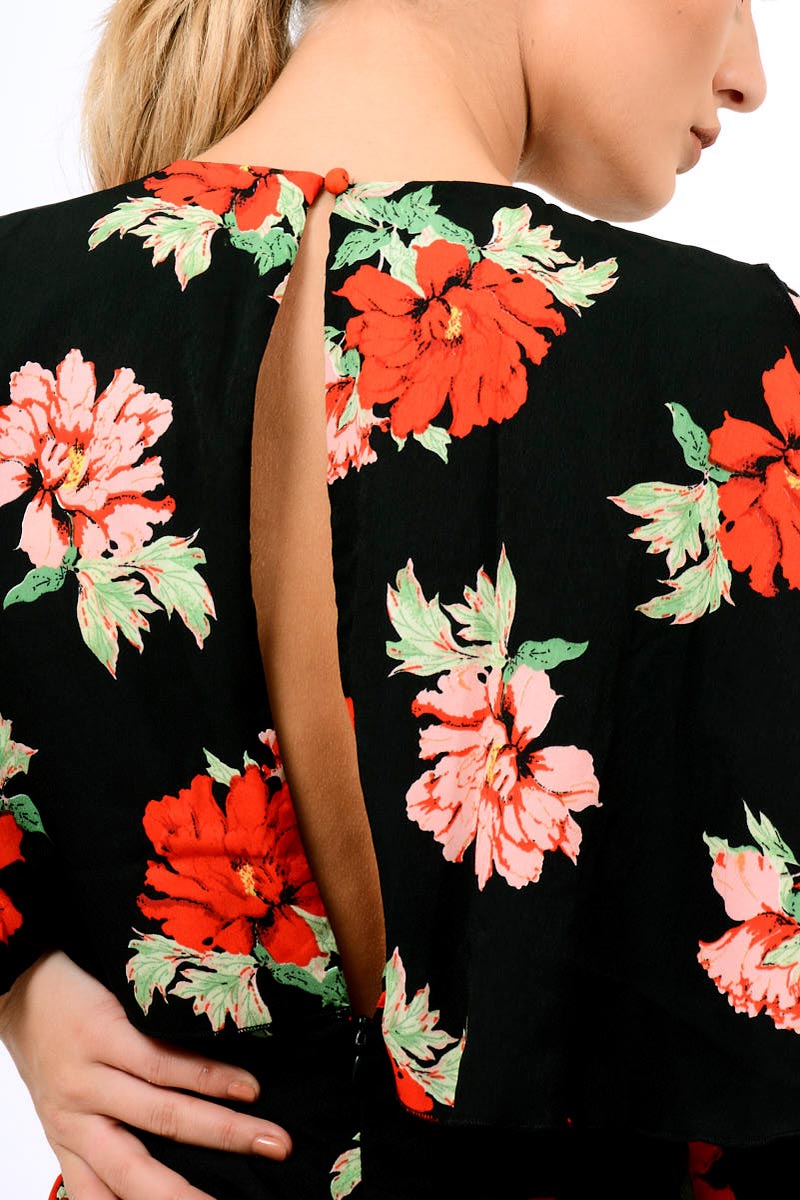 Black Floral Panel Wrap Playsuit - Ladonna-Playsuits