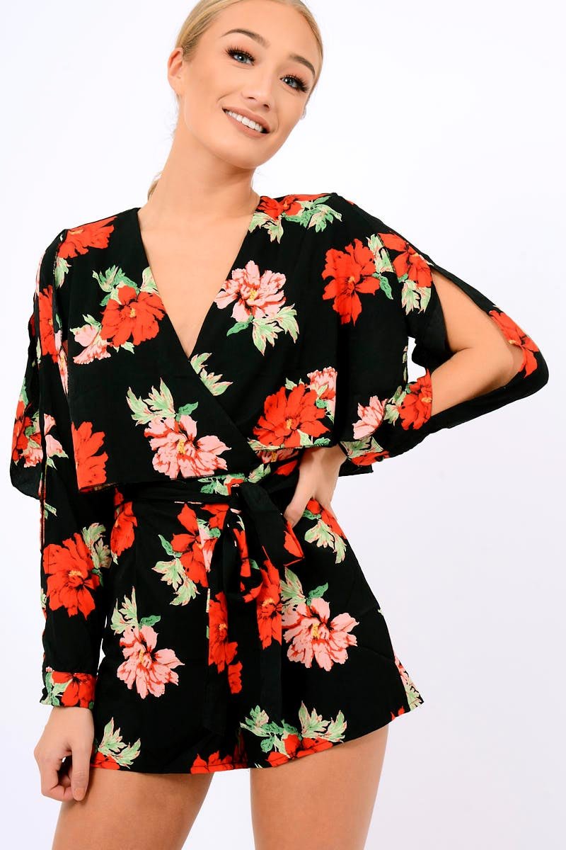 Black Floral Panel Wrap Playsuit - Ladonna-Playsuits