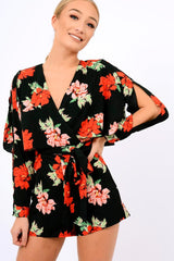 Black Floral Panel Wrap Playsuit - Ladonna-Playsuits
