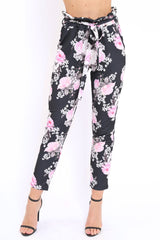 Black Floral Paper Bag Tie Waist Cigarette Trousers - Jana-Trousers