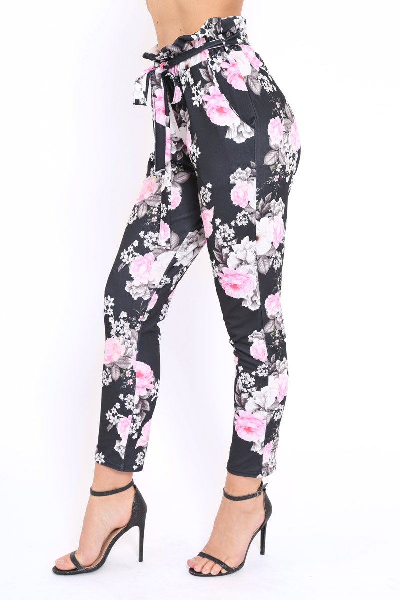 Black Floral Paper Bag Tie Waist Cigarette Trousers - Jana-Trousers