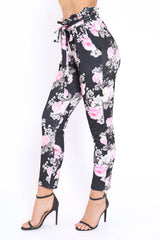 Black Floral Paper Bag Tie Waist Cigarette Trousers - Jana-Trousers