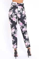 Black Floral Paper Bag Tie Waist Cigarette Trousers - Jana-Trousers
