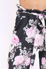 Black Floral Paper Bag Tie Waist Cigarette Trousers - Jana-Trousers