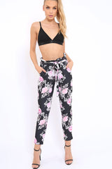 Black Floral Paper Bag Tie Waist Cigarette Trousers - Jana-Trousers