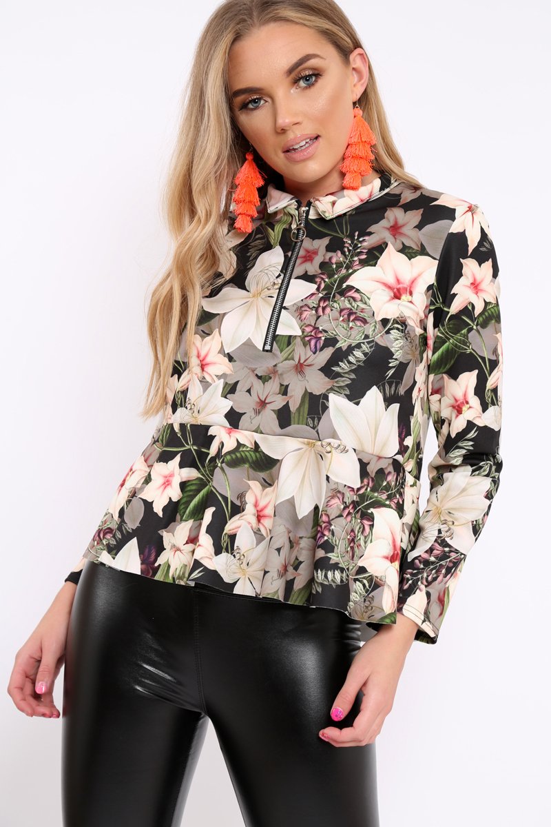 Black Floral Peplum Top - Tyra-Tops