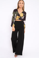 Black Floral Plunge Gypsy Crop Top - Tiegan-Tops