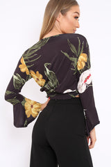 Black Floral Plunge Gypsy Crop Top - Tiegan-Tops