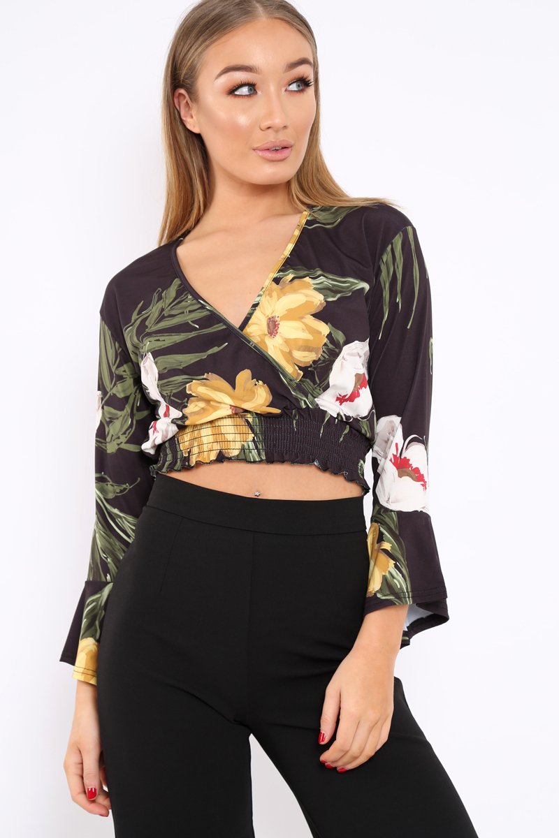 Black Floral Plunge Gypsy Crop Top - Tiegan-Tops
