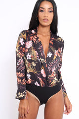 Black Floral Plunge Satin Bodysuit - Rebeka-Bodysuits