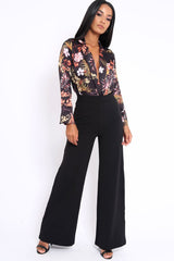 Black Floral Plunge Satin Bodysuit - Rebeka-Bodysuits