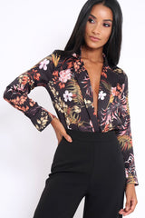 Black Floral Plunge Satin Bodysuit - Rebeka-Bodysuits