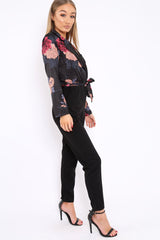 Black Floral Plunge Satin Wrap Front Jumpsuit - Talulah-Jumpsuits