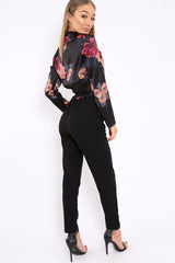 Black Floral Plunge Satin Wrap Front Jumpsuit - Talulah-Jumpsuits