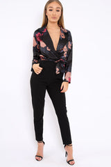 Black Floral Plunge Satin Wrap Front Jumpsuit - Talulah-Jumpsuits