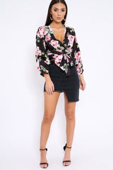 Black Floral Plunge Wrap Tie Top - Emila-Tops