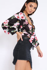 Black Floral Plunge Wrap Tie Top - Emila-Tops