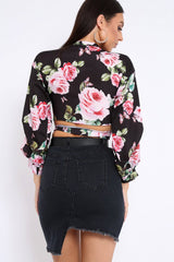 Black Floral Plunge Wrap Tie Top - Emila-Tops